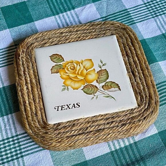 Handcrafted Texas Yellow Rose Ceramic Tile Jute Composite Board Trivet Decor - Picture 3 of 8